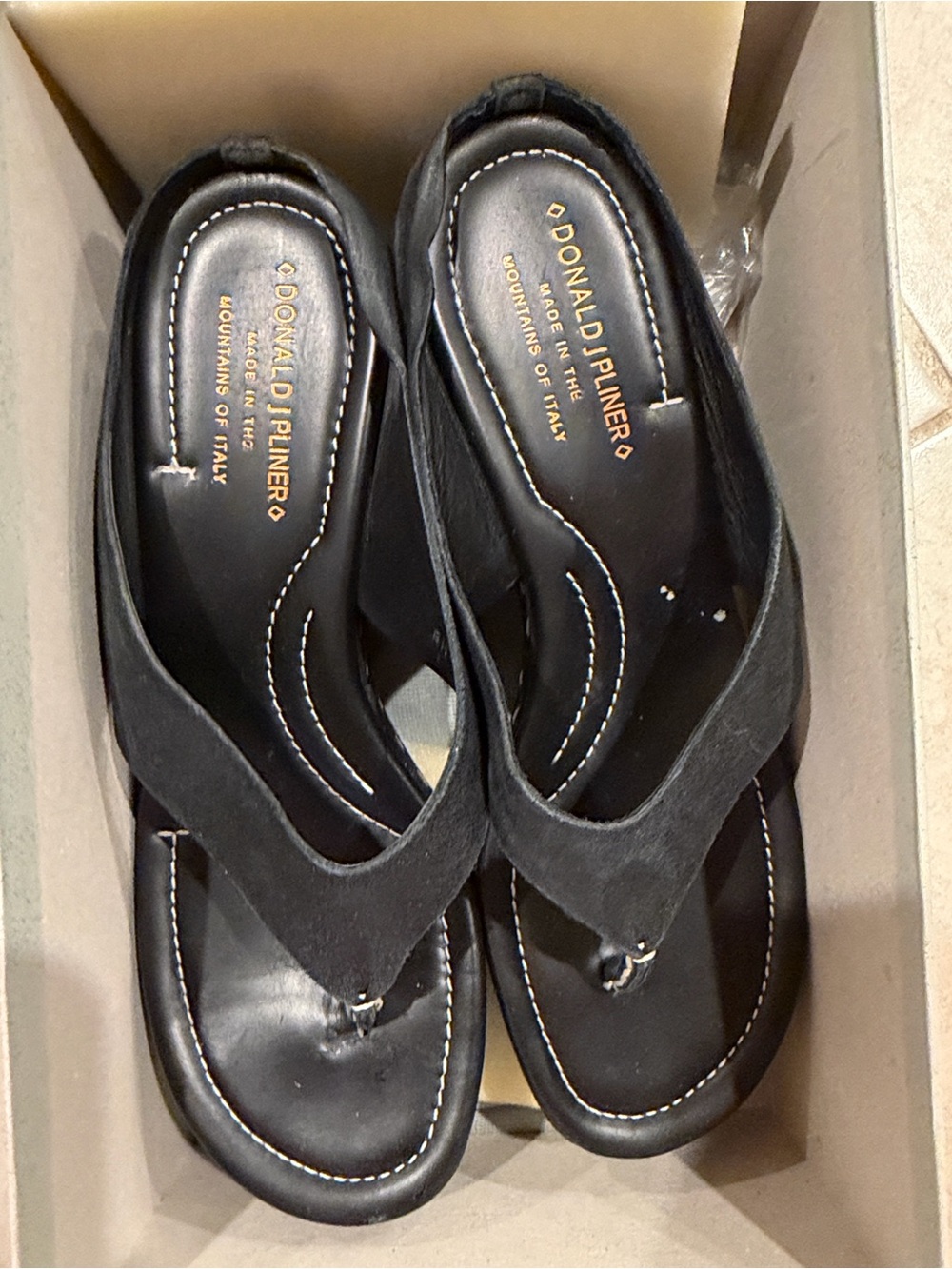 Donald J. Pliner Black Suede Thong Sandals with Contrast Stitching